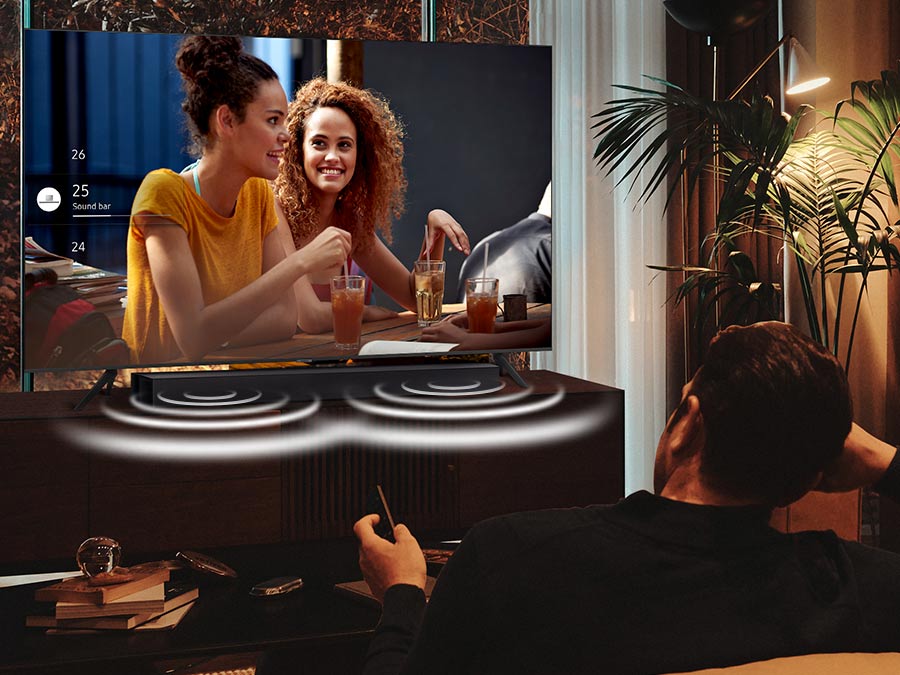 Samsung HW-C43C soundbar with Night Mode for reduced volume and bass at night.